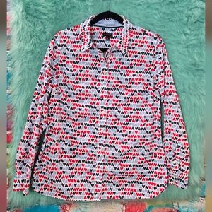 Talbots Red and Blue, long sleeve, Heart Print buttoned Down Top. Size M